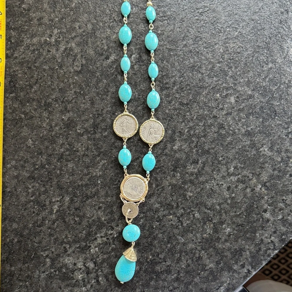 😊Chico's Turquoise Beaded Coin Drop Necklace with Gold Accents - Picture 1 of 7